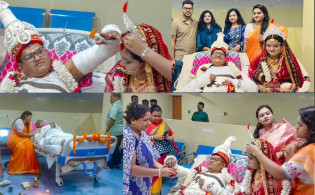 হাতে-পায়ে প্লাস্টার, তবুও হাসপাতালেই বেডেই হলো আনন্দের বিয়ে